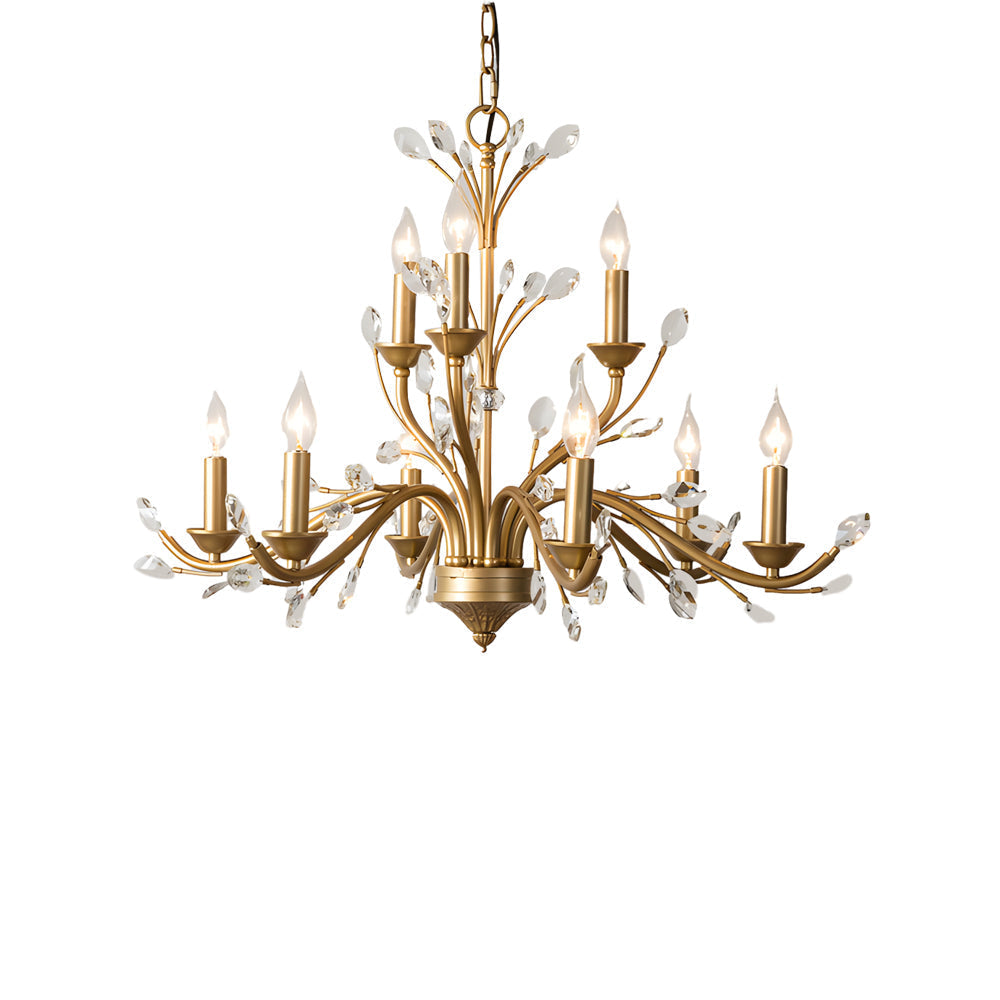 Gold candlestick chandelier with a traditional design, providing elegant light in a bedroom.