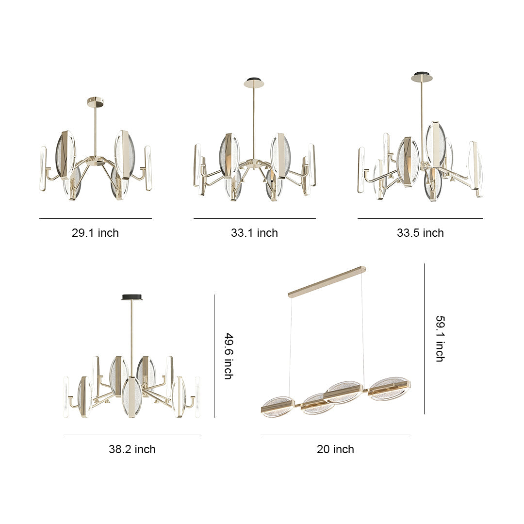 Multiple gold chandelier modern designs showing various circular and linear configurations with crystal glass panels
