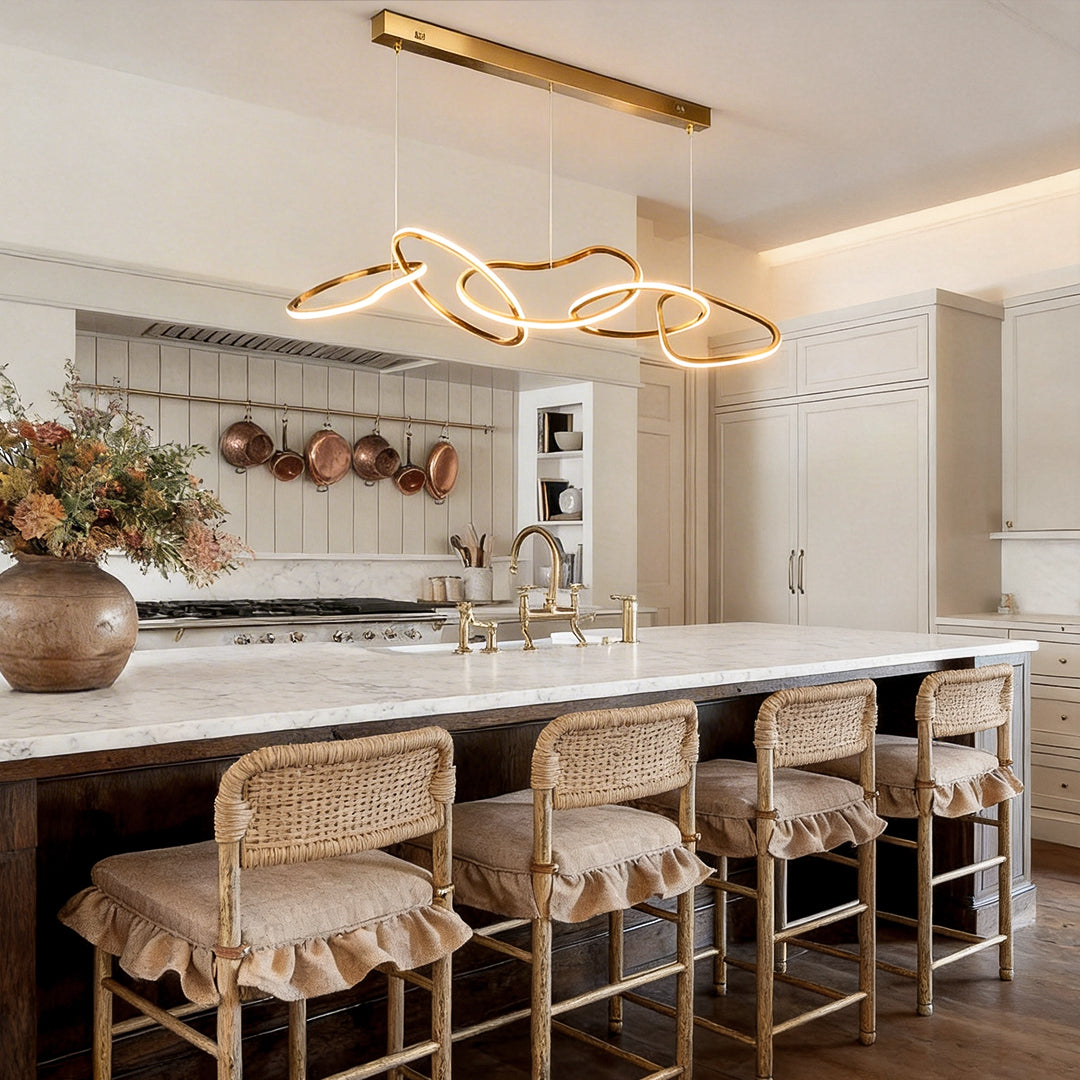 Gold circle chandelier with a close-up of its intertwined circular structure.