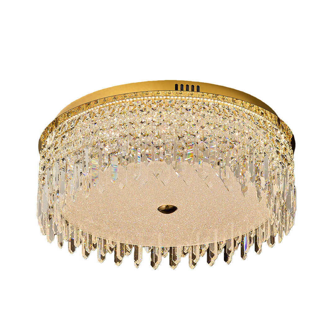 Gold crystal ceiling lights flush mount featuring crystal prisms and warm lighting.