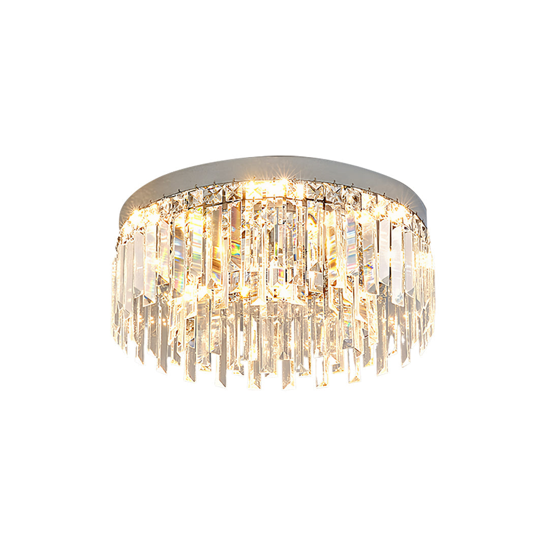 Round crystal flush mount ceiling light with chrome finish and cascading crystal prisms
