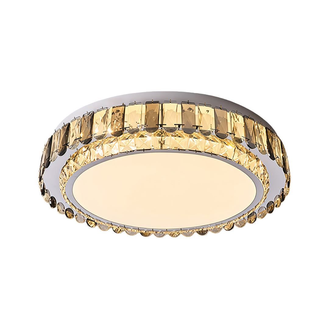LED light fixtures flush mount with gold rim and clear crystal edge.
