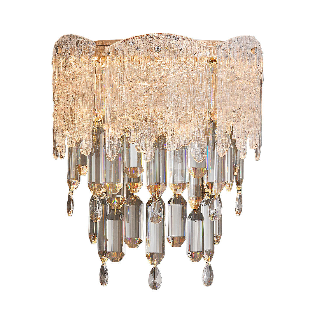 Luxury gold crystal wall sconce lighting featuring layered crystal prisms and teardrop pendants.