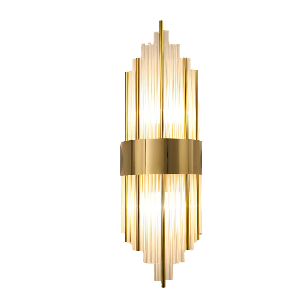 Gold and crystal wall sconces with a close-up of their gold frame and crystal lights.