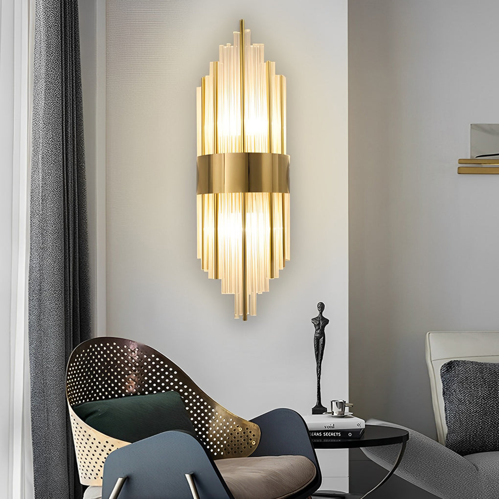 Gold and crystal wall sconces with a close-up of their layered gold and crystal structure.