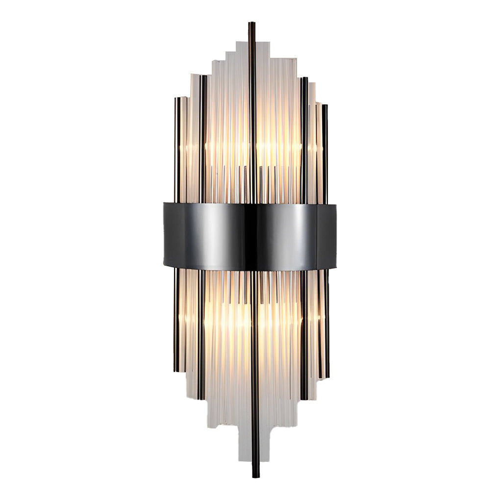 Gold and crystal wall sconces with a modern design, illuminating a chic interior space.