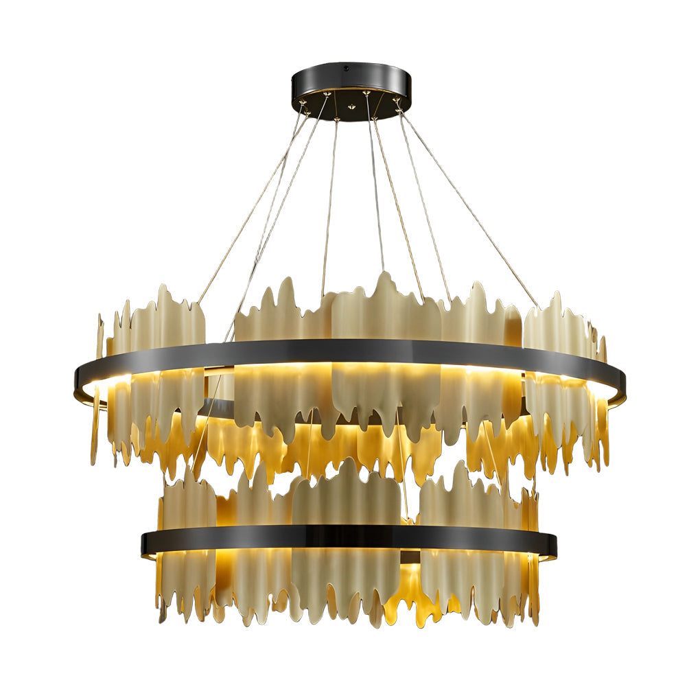 Gold leaf chandelier with a sleek design, providing soft illumination in a living room.