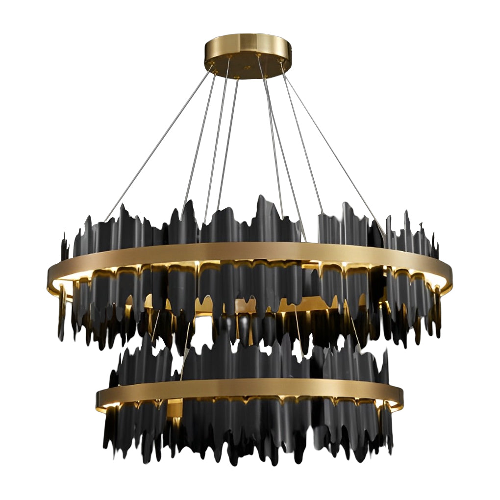 Technical diagram showing dimensions and structure of gold leaf chandelier models.