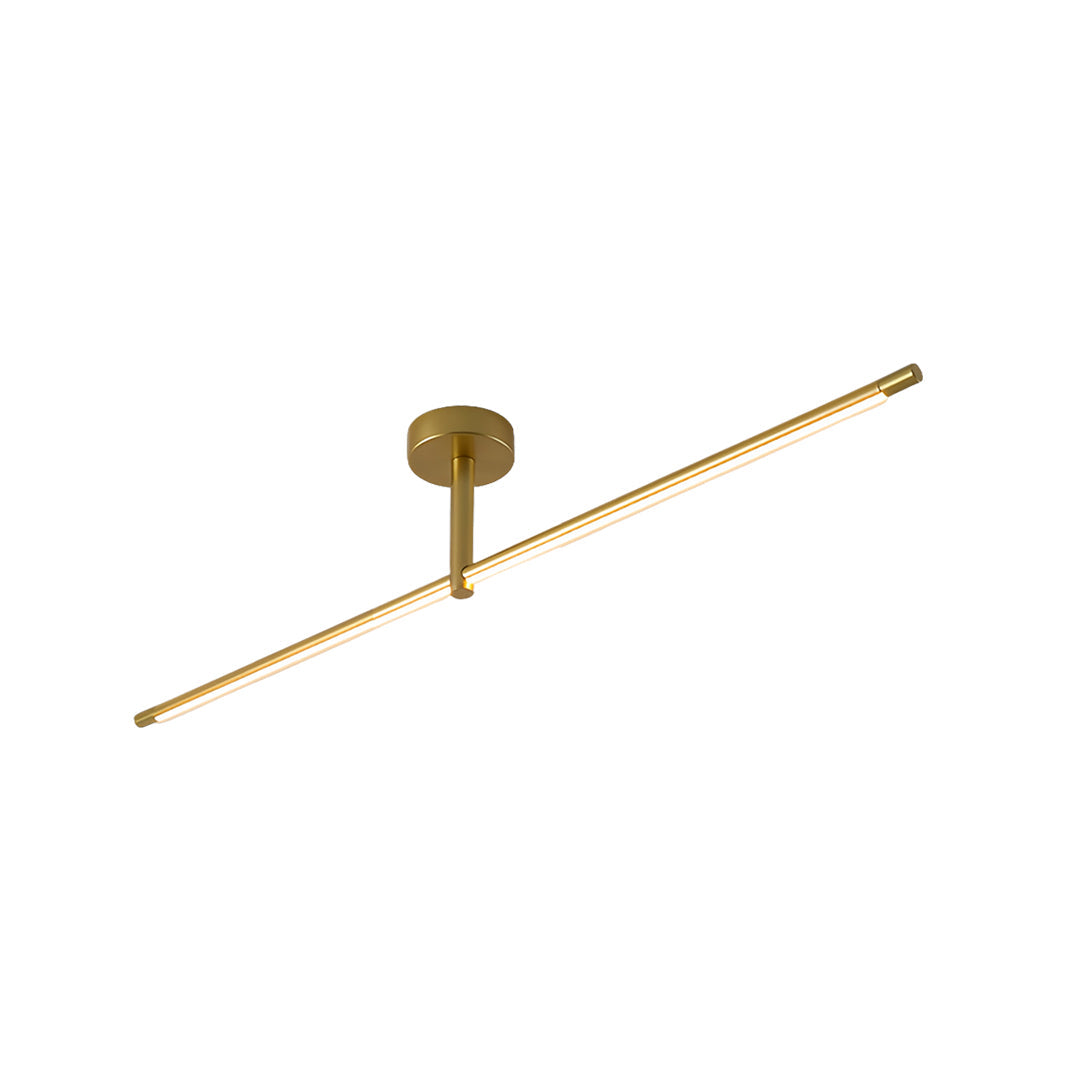 Modern gold linear semi flush mount light with brass finish and sleek LED strip design for ceiling installation, 26.8-inch-width.