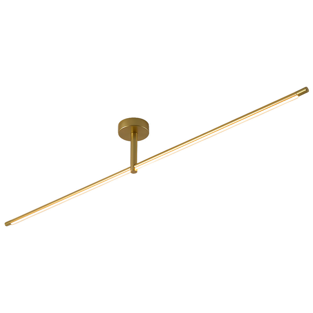Modern gold linear semi flush mount light with brass finish and sleek LED strip design for ceiling installation, 50.4-inch-width.