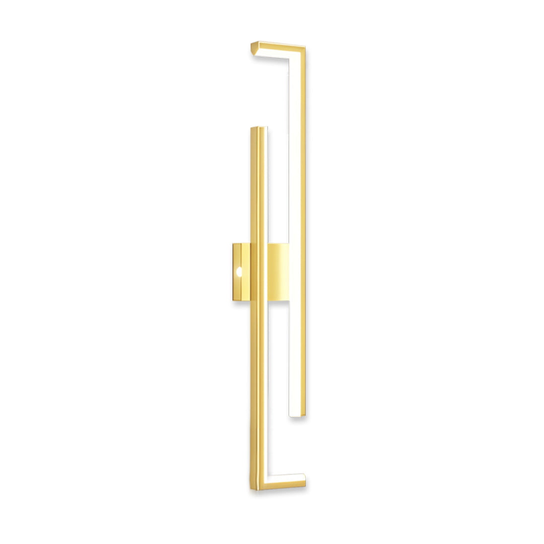 Gold vertical wall art led lights with linear geometric design against a white background.