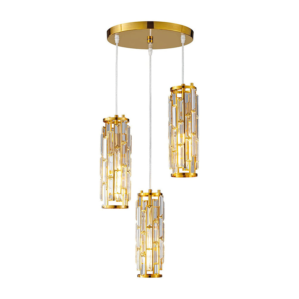 Three-light gold mini crystal pendant light fixture with elegant vertical crystal shades.
