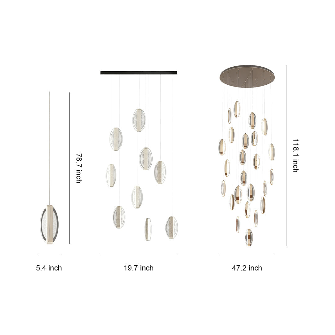 Multiple gold modern chandelier designs showing various cascading configurations with crystal glass elements on white background