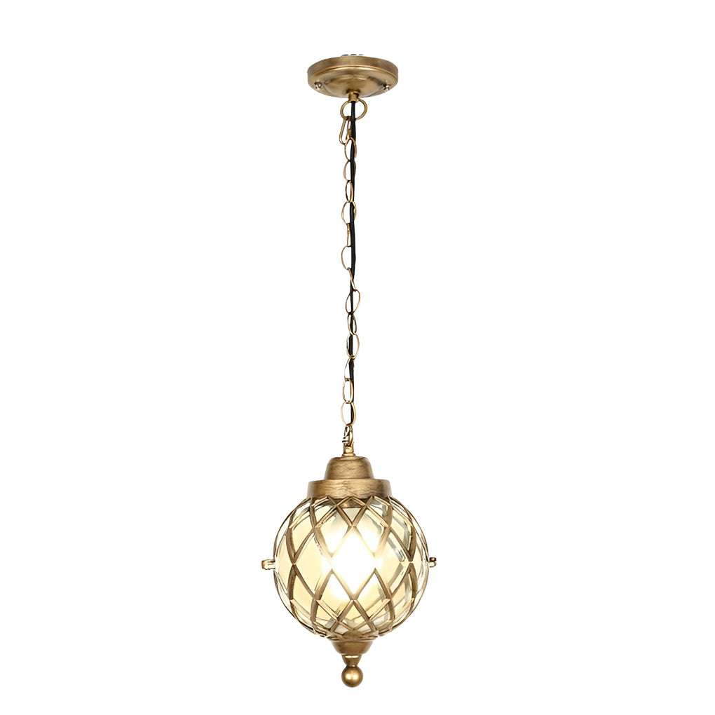 Gold finish outdoor globe pendant light with decorative metal cage design.