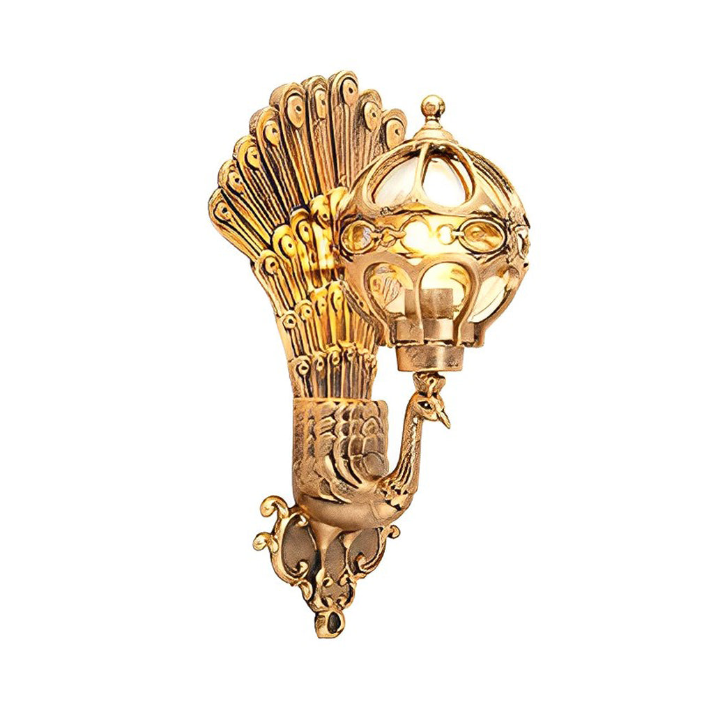 Gold peacock wall sconce isolated on white background.