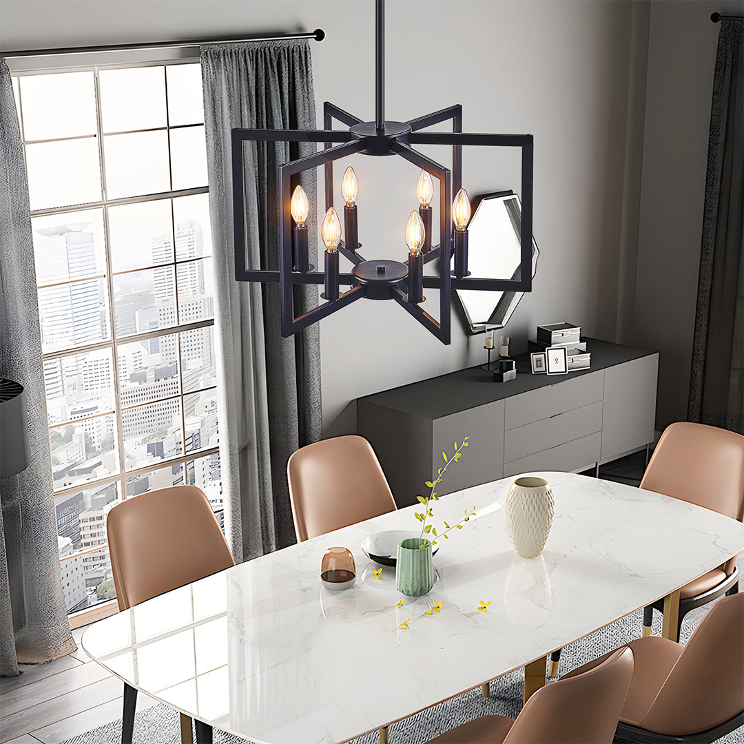 Elegant gold rectangular candle chandelier enhancing a white living room with soft ambient light.
