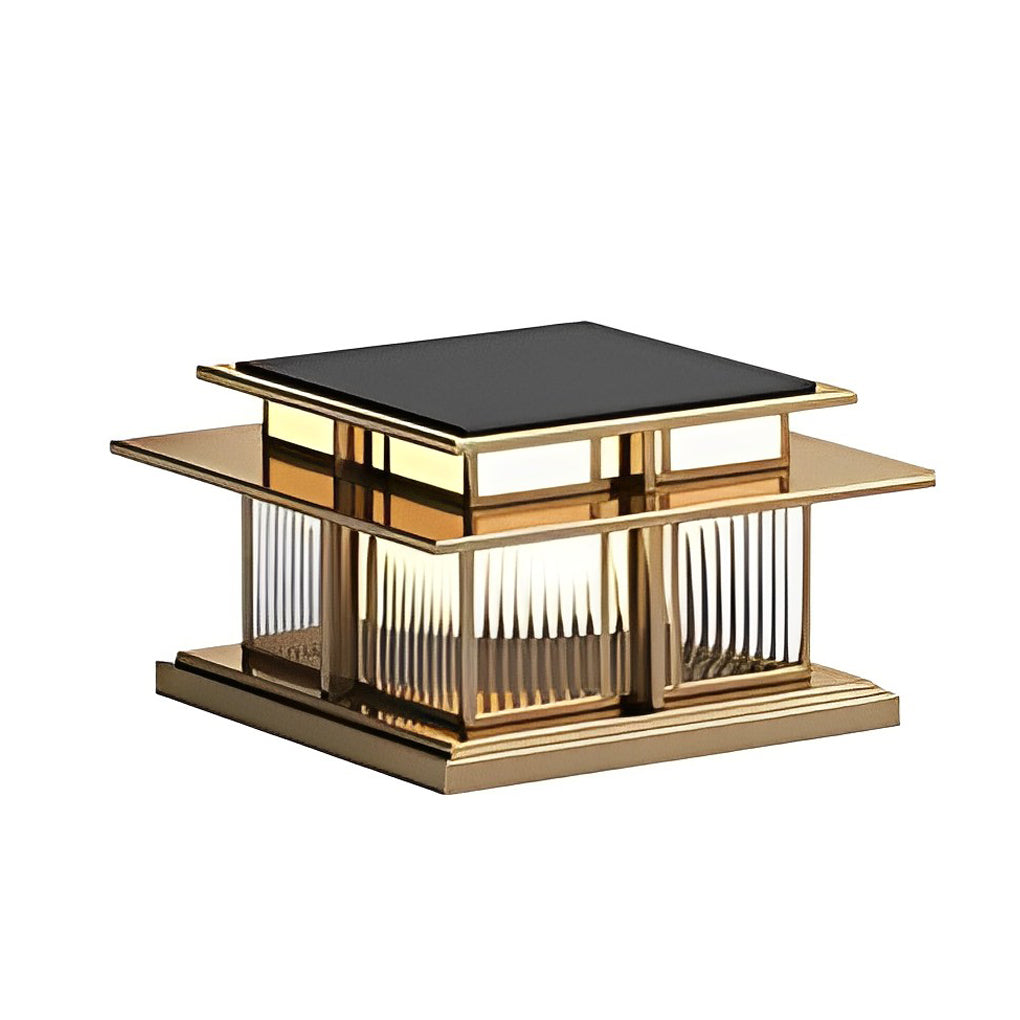 Modern square porch pillar lights shown in gold finish with clear vertical glass panels.