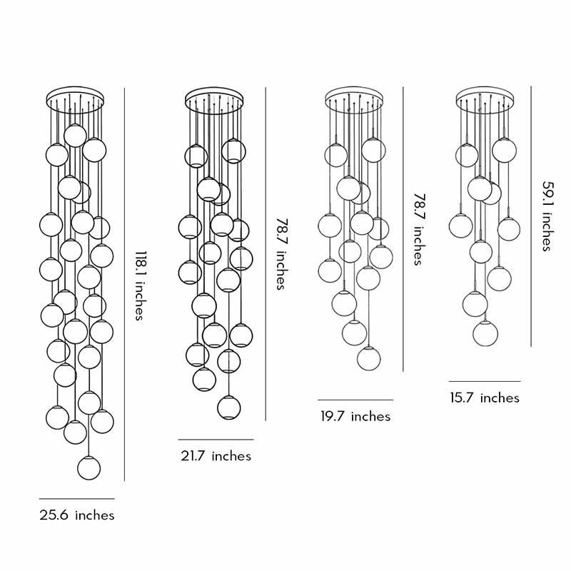 Technical diagram showing dimensions and structure of gold staircase chandelier models.