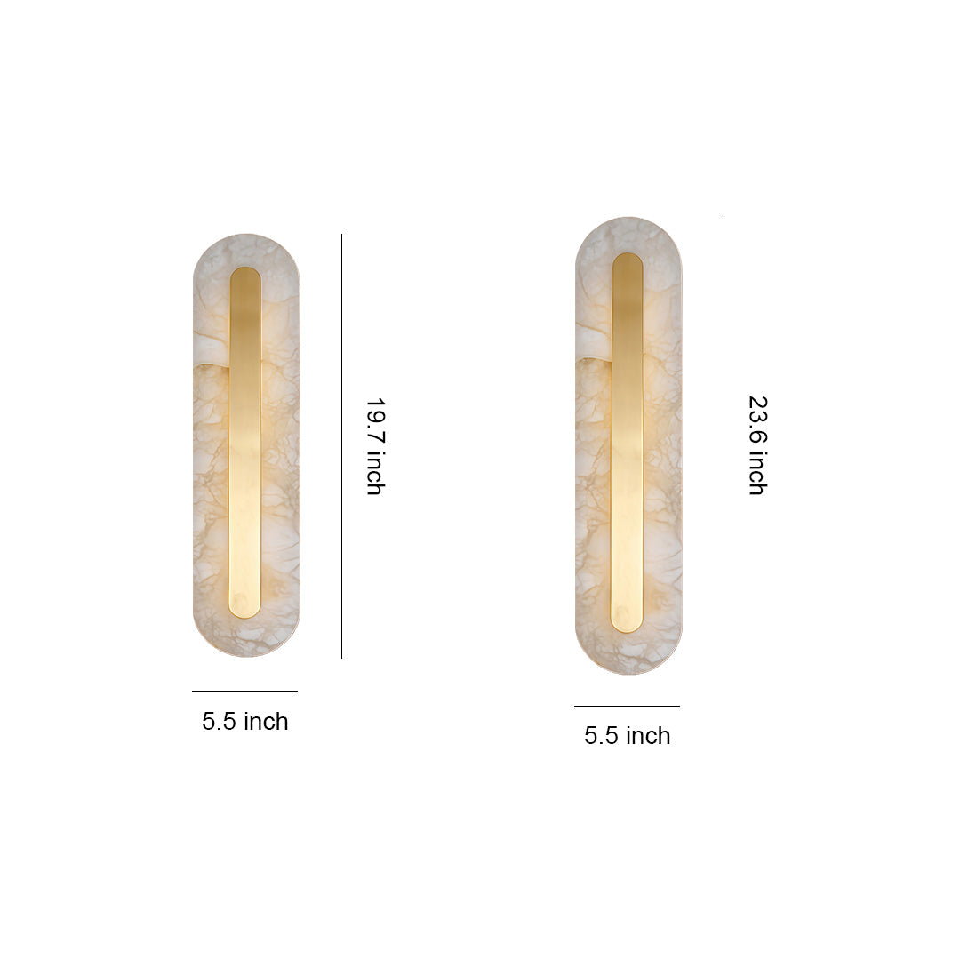 Gold wall light with glass shade chandelier inspired design showing two sizes in capsule shape with frosted glass diffuser.