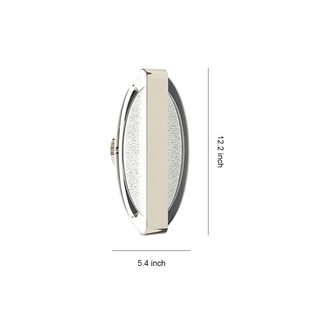 Gold wall lights with oval shaped crystal glass shade and metallic frame in contemporary minimalist design