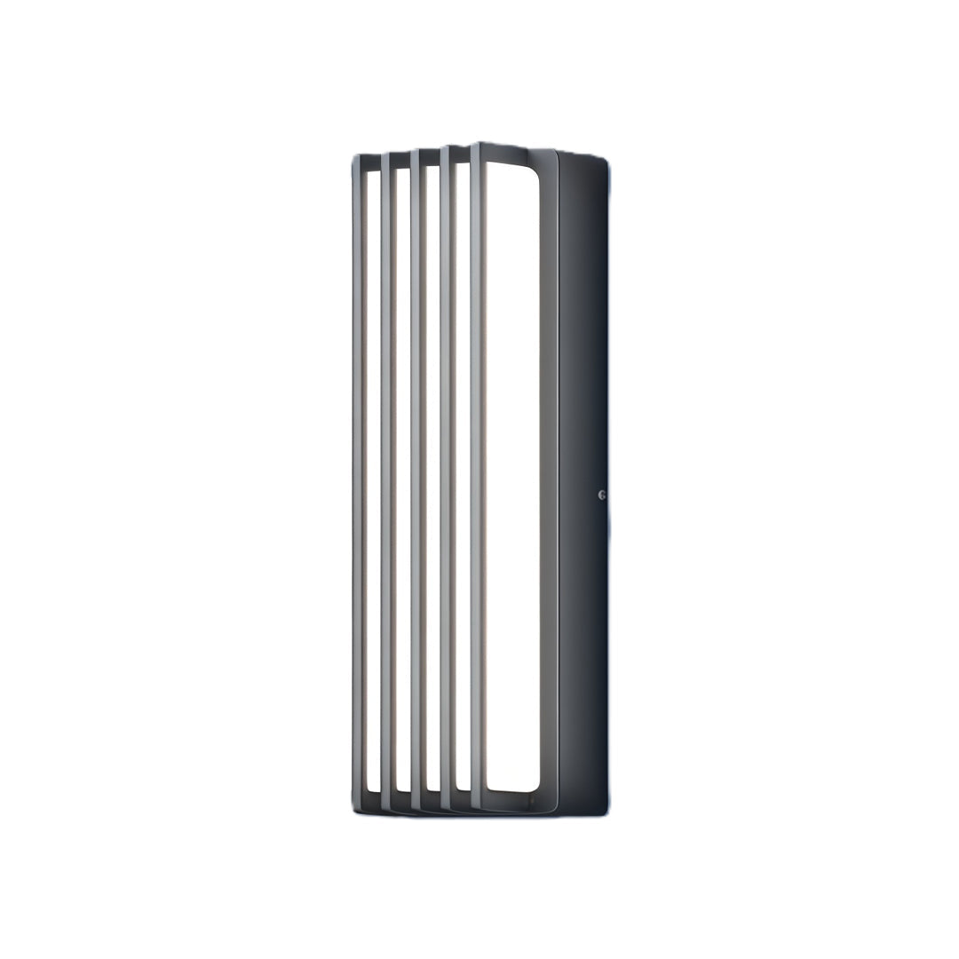 Tall vertical gold-tone wall-mounted linear lighting fixture with warm ambient glow on clean background.