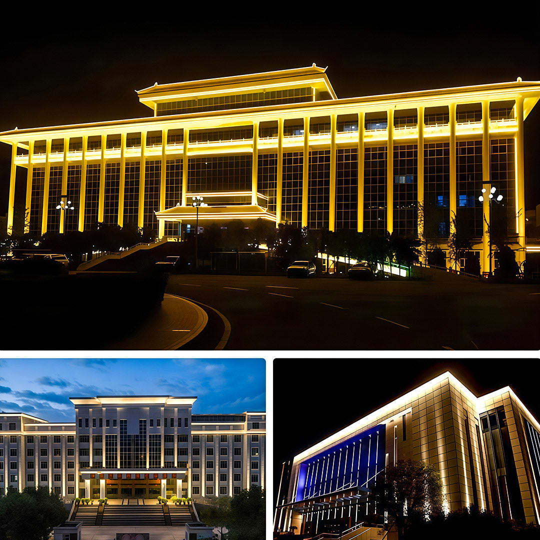 Collage showing golden architectural flood lights illuminating various grand hotels and official buildings at night.