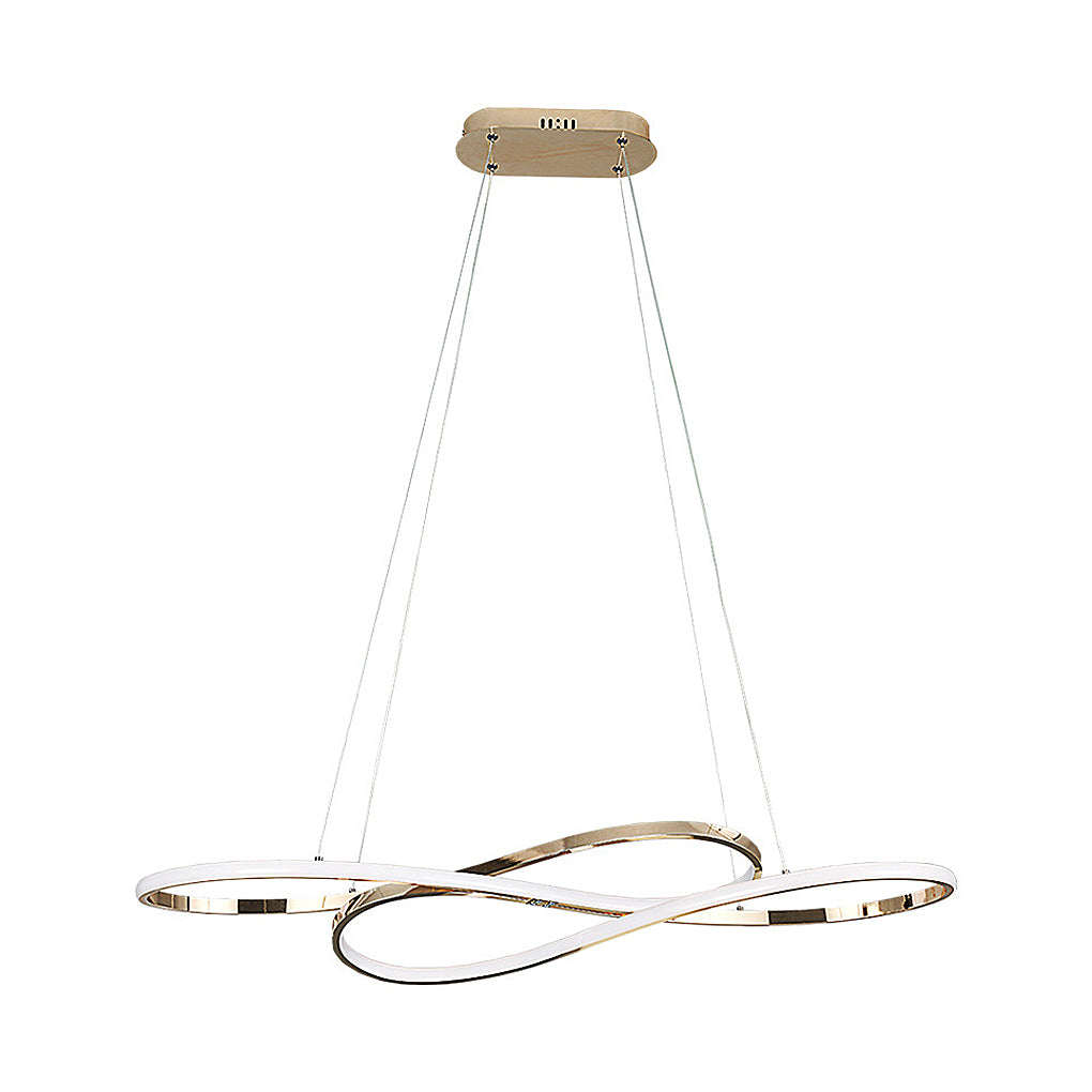 LED infinity chandelier with golden finish and close-up of elegant loop.