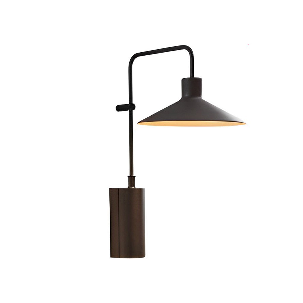 Gooseneck wall lamp product image with metal shade and cylindrical wall mount on a white background.