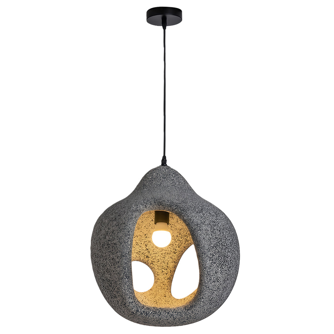 Gray Nordic wabi sabi pendant light with organic irregular shape and soft gold inner finish.