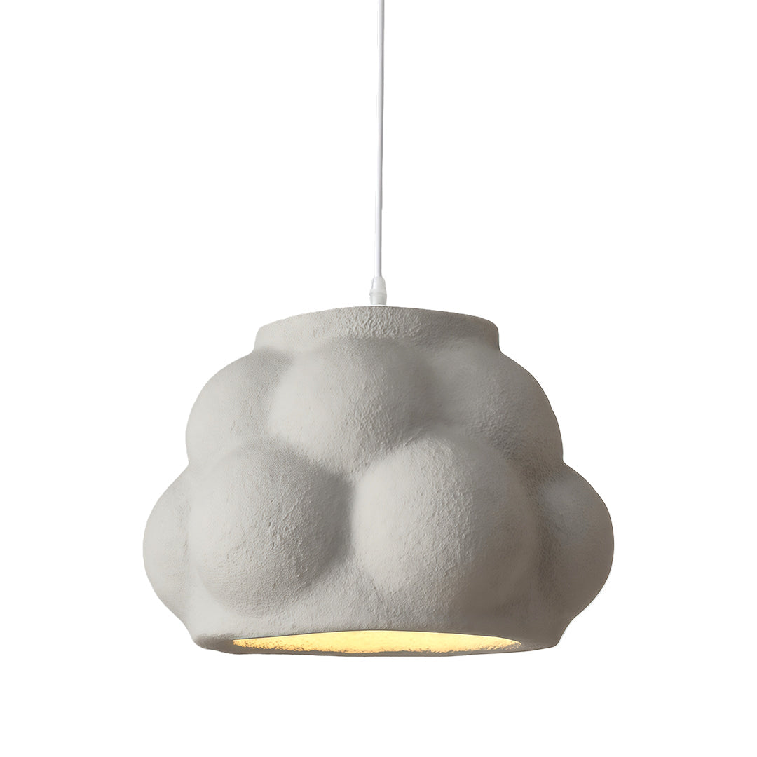 Textured gray single pendant light fixture with organic puffy design and warm inner lighting.