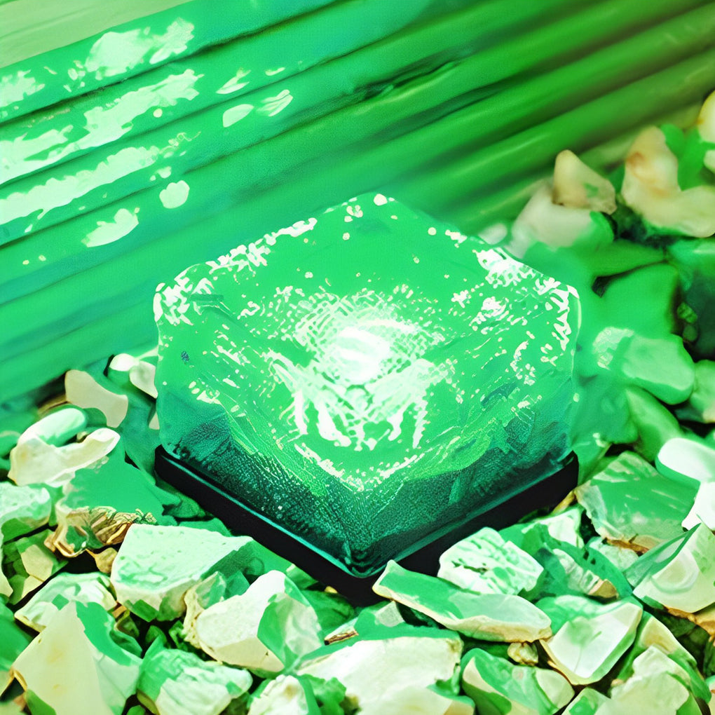Green glowing ice cube garden light placed on decorative stones.