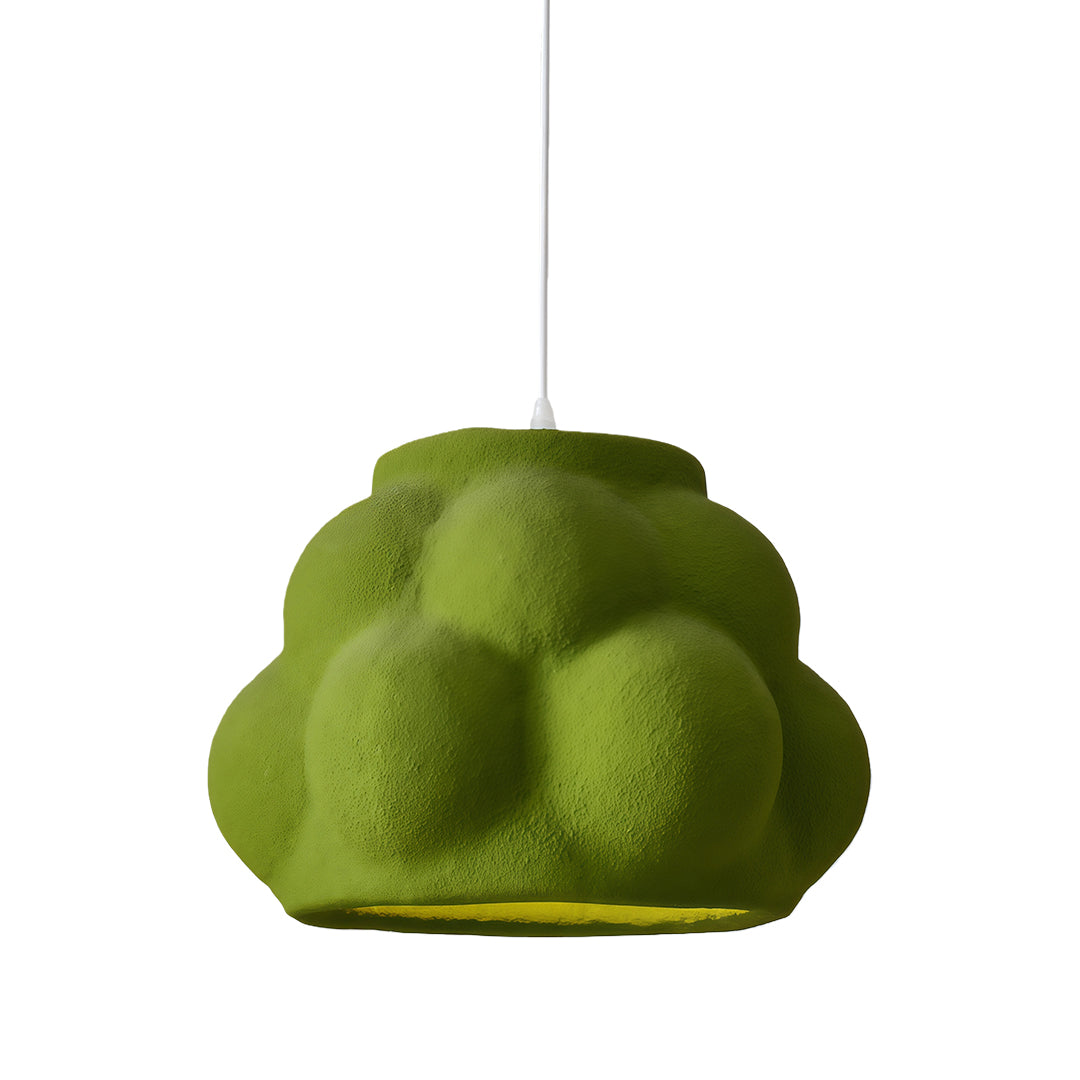 Green single pendant light fixture with playful bubble silhouette and soft contemporary style.