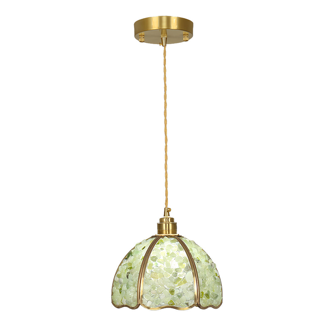 Green-tinted small crystal pendant light with brass hardware and decorative glass pattern