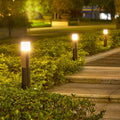 Solar bollard lighting in black, installed near greenery, providing soft and sustainable outdoor lighting.