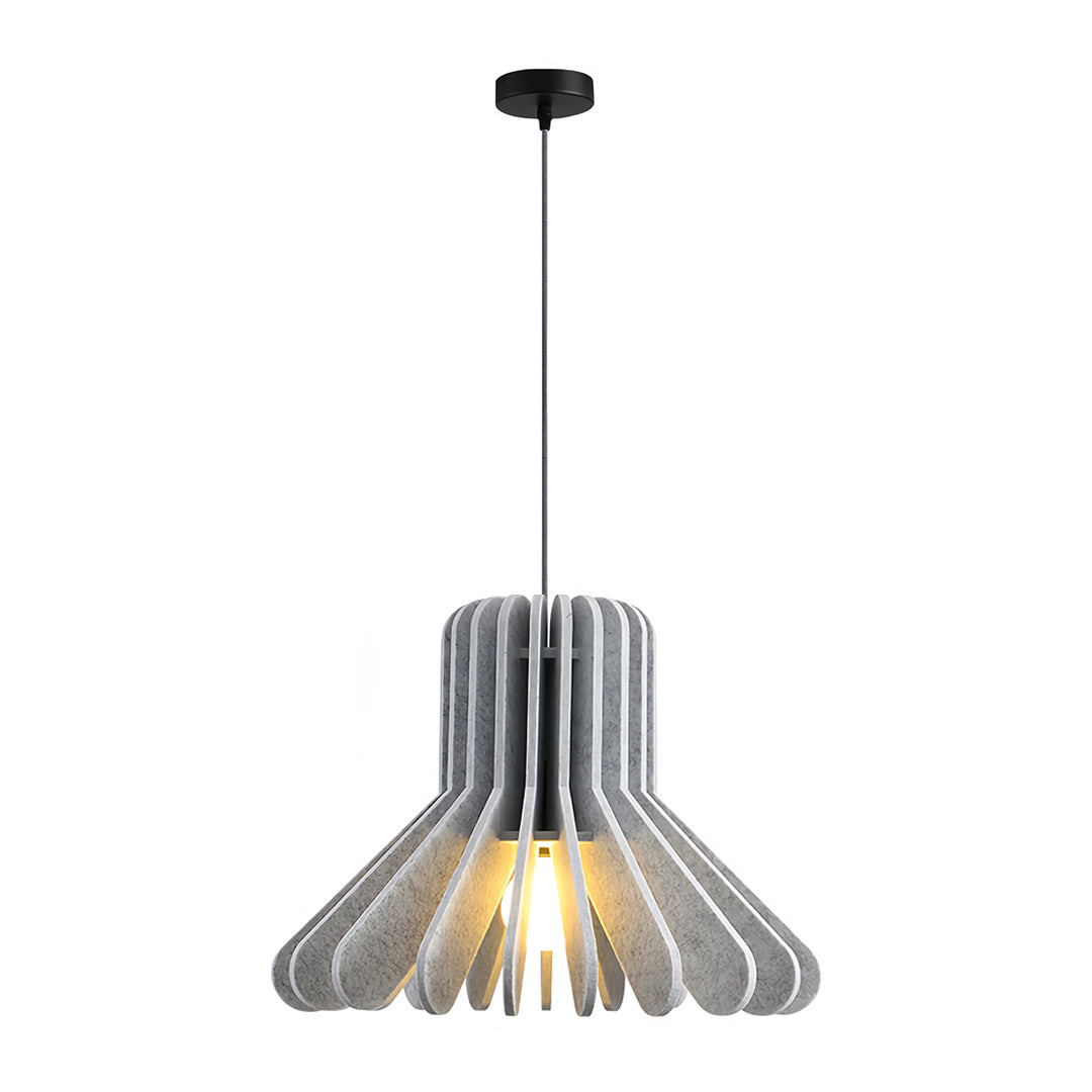 Grey felt material tiny pendant light with curved fin design and soft exposed bulb