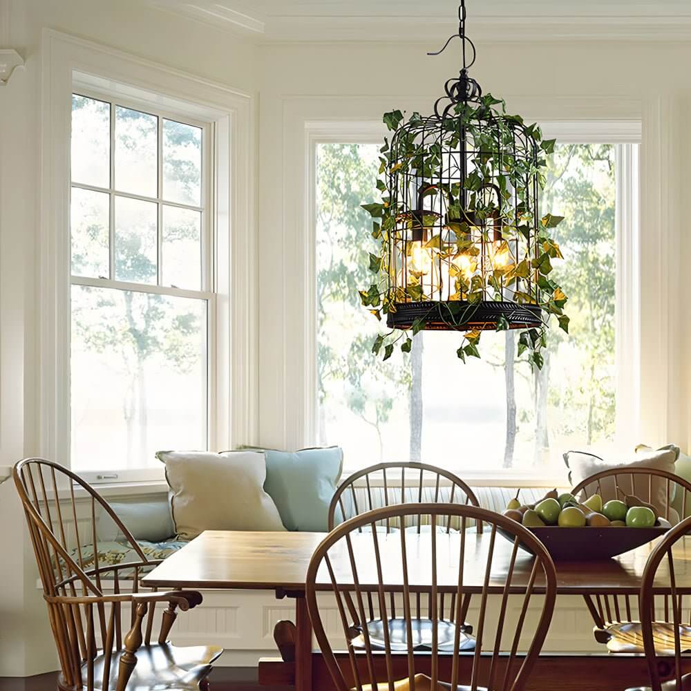 Hanging greenery with lights illuminating a bohemian-style bedroom with wooden accents.