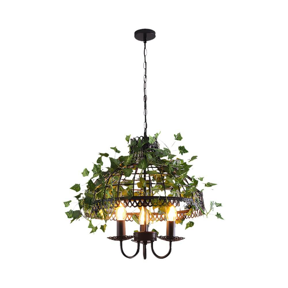 Hanging greenery with lights above a dining table, adding elegance to a dinner party.