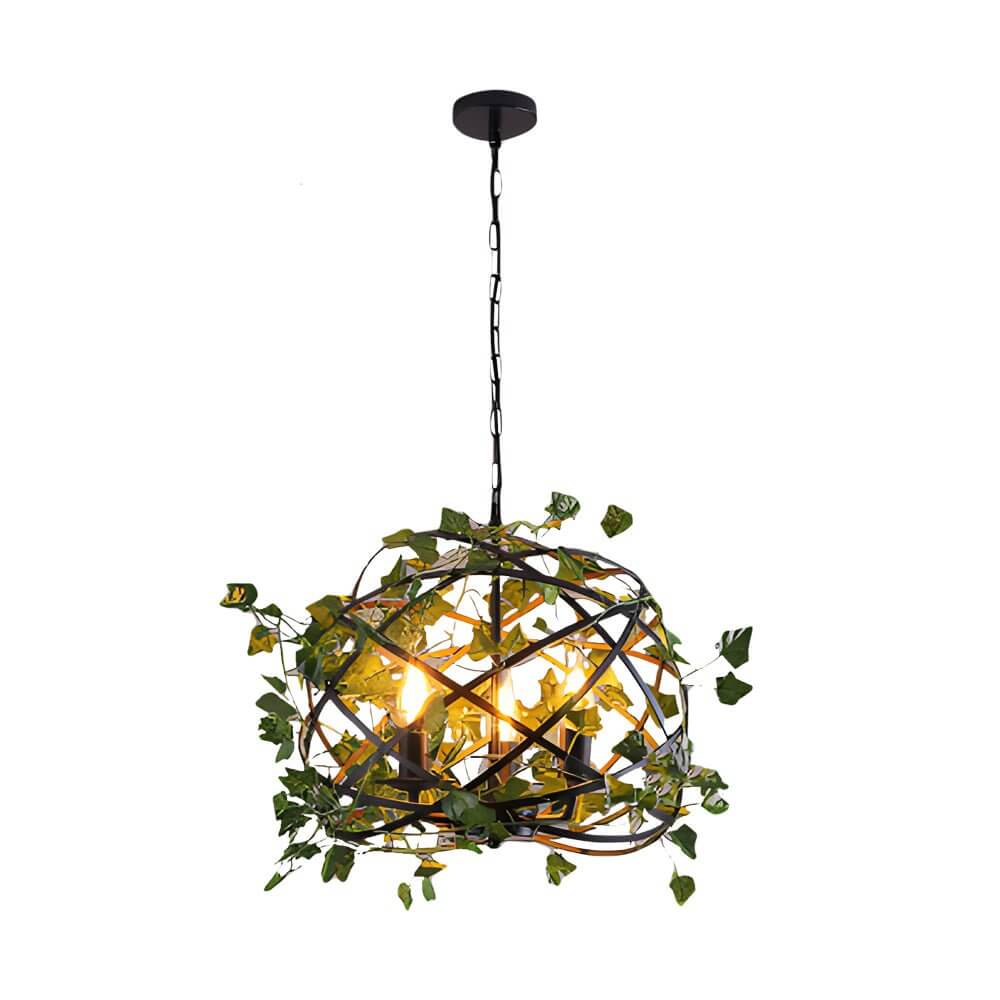Hanging greenery with lights in a minimalist cafe, creating a serene and inviting space.