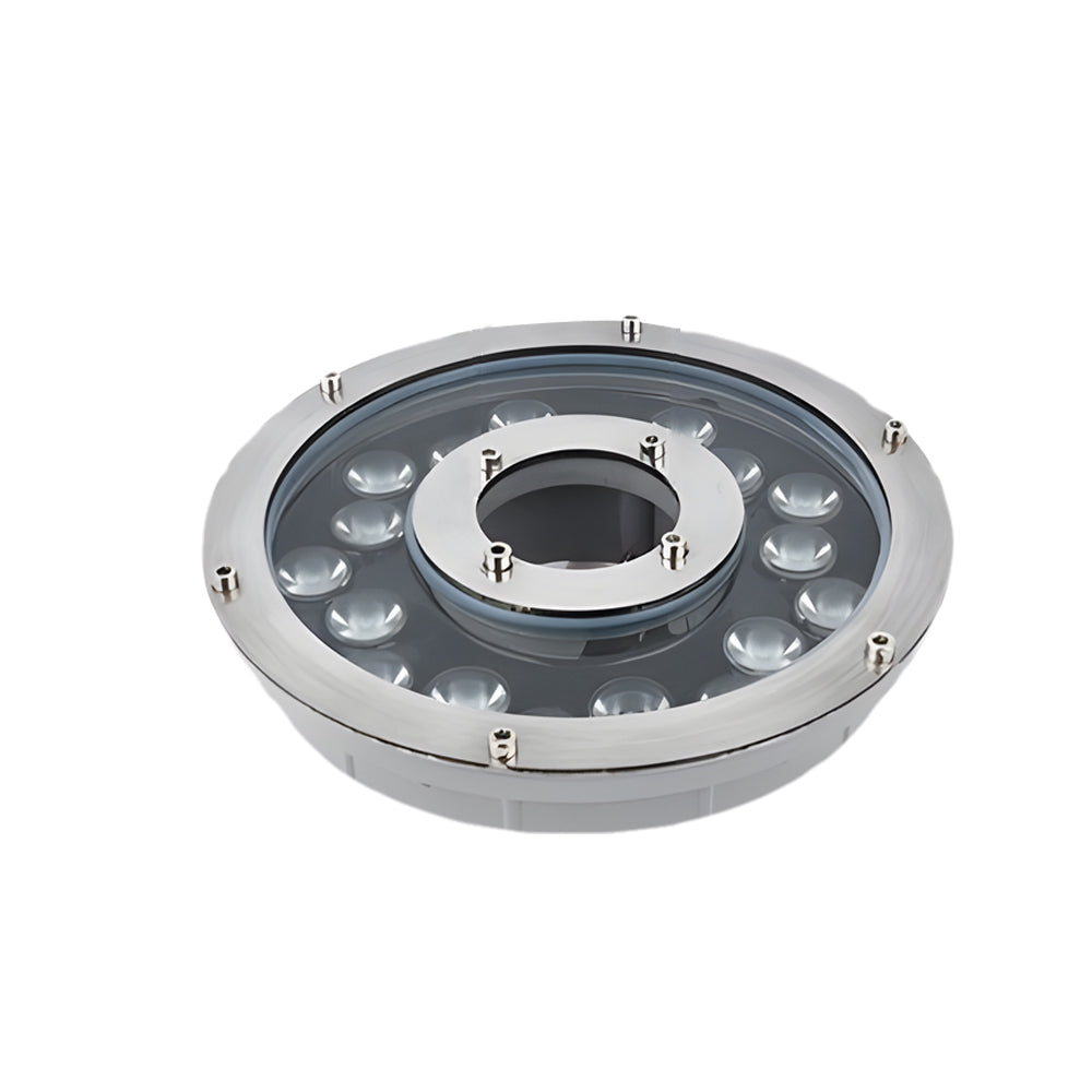 Heavy-duty LED fountain light with robust stainless steel ring design for commercial installations