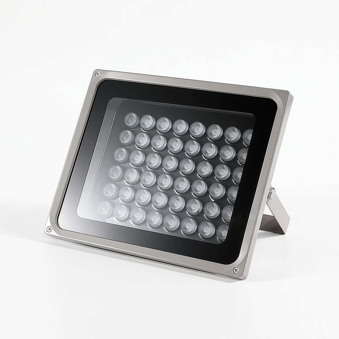 Product photo of a heavy-duty, multi-LED architectural flood lights fixture with a silver casing, isolated on white.
