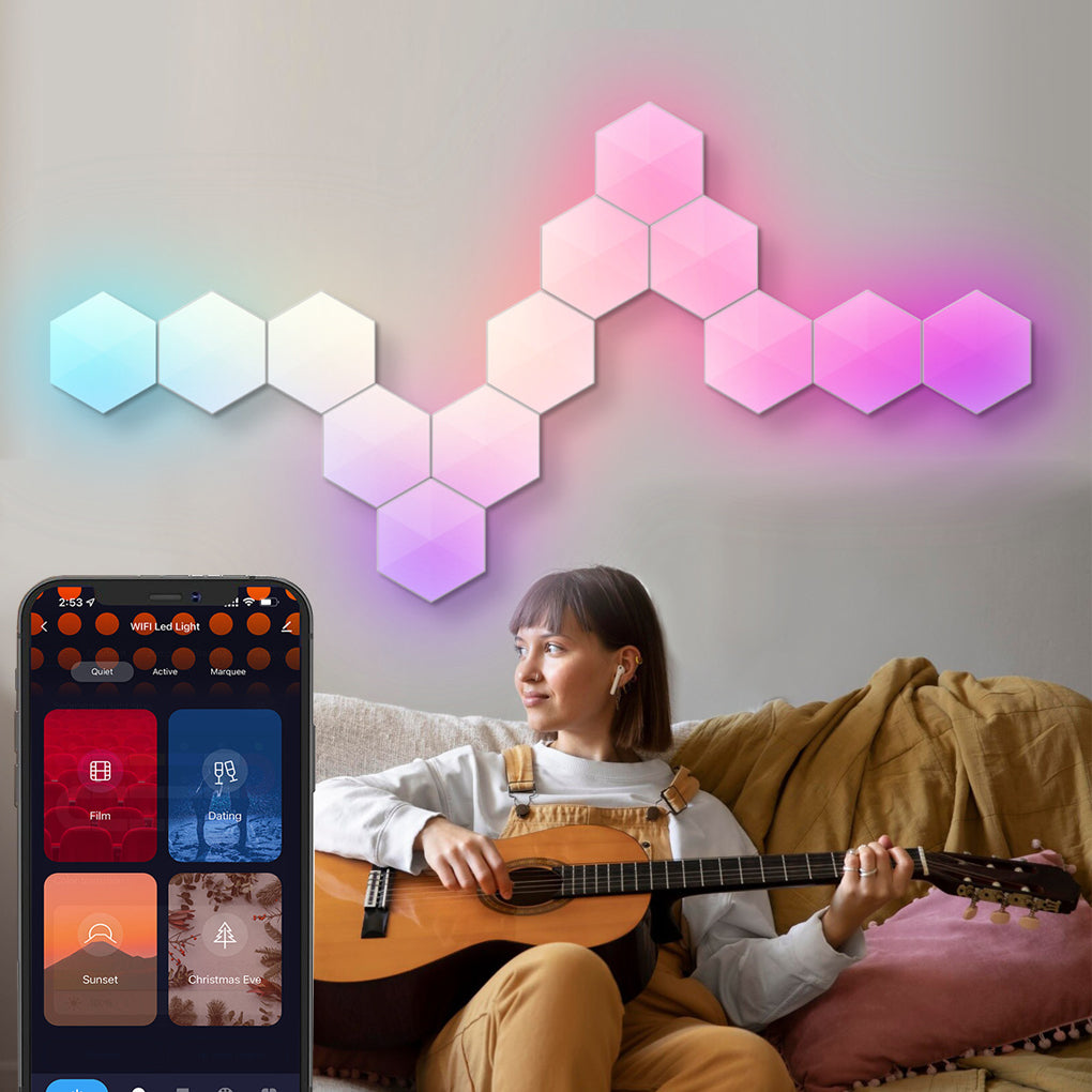 Hexagon LED wall lights mounted behind a sofa, adding creative RGB lighting to a cozy music and lounge area.