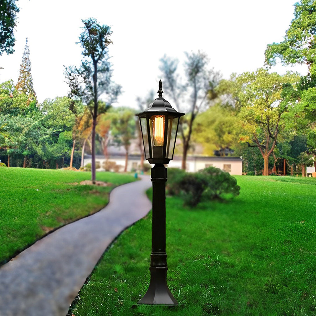 Hexagon path light with close-up of its geometric design and light output.