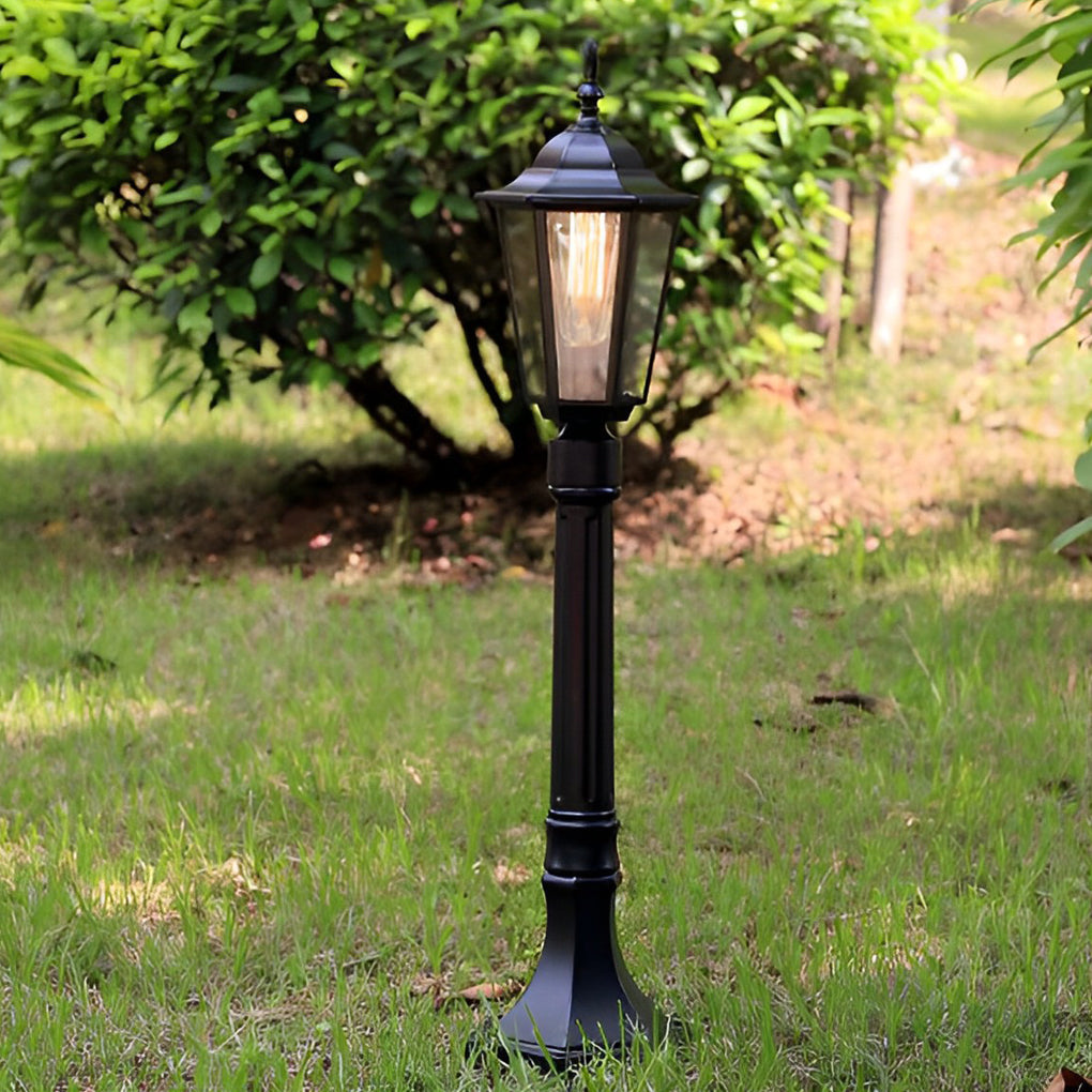 Hexagon path light providing elegant illumination for a contemporary landscape.