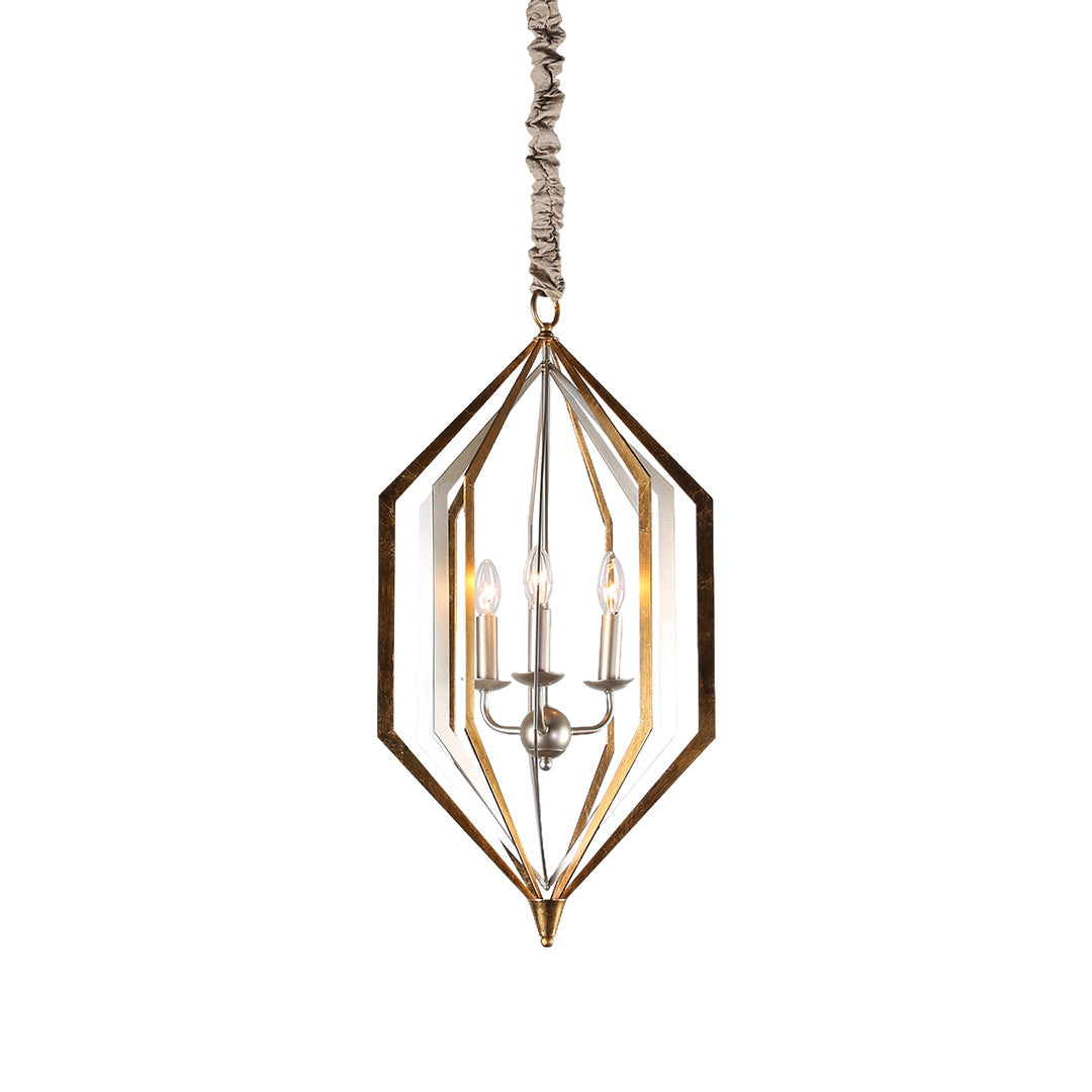 Close-up of the hexagonal brown pendant lights, showcasing the two-tone finish of polished nickel and antique gold accents.