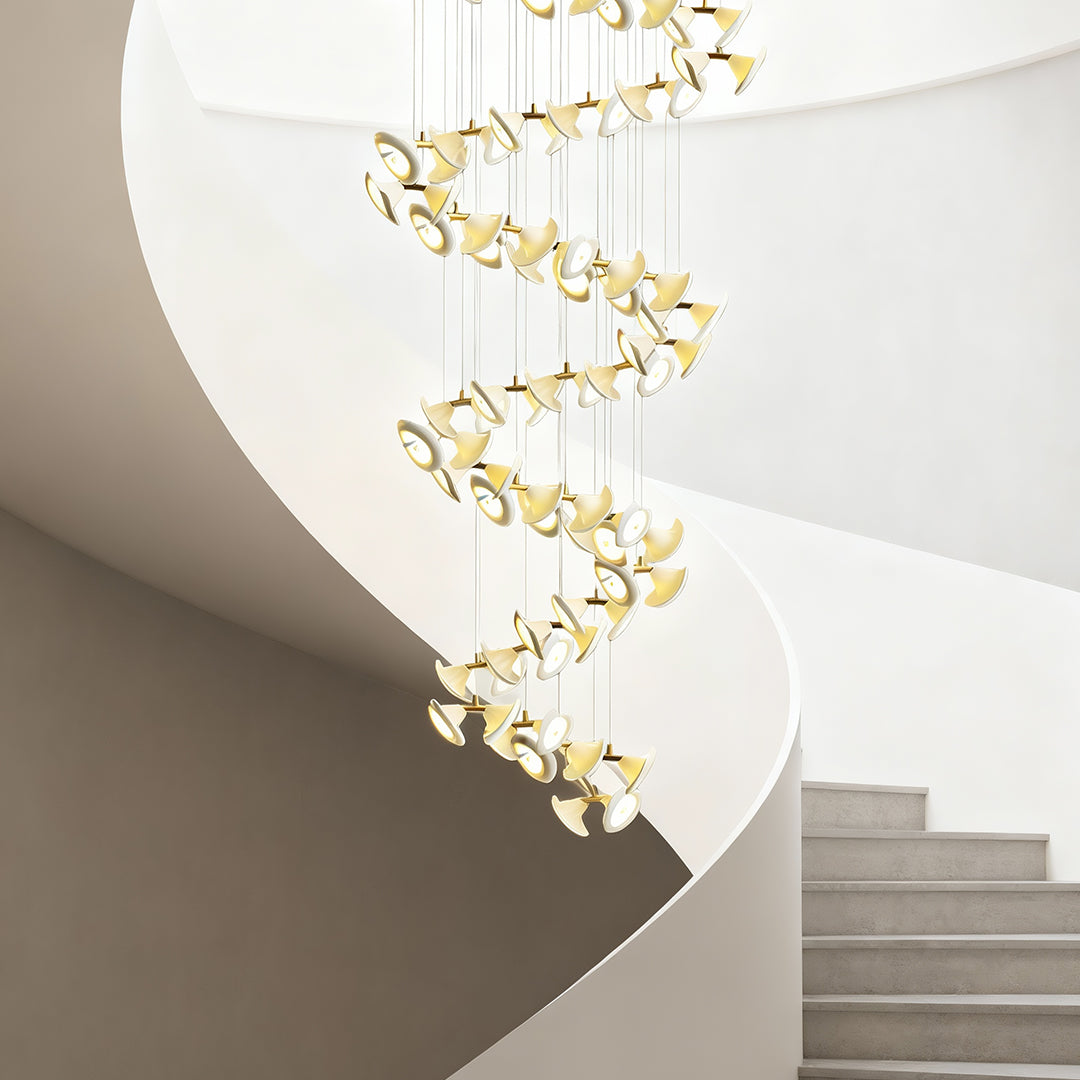 Brass ceramic chandeliers for high ceilings with spiral lighting elements.