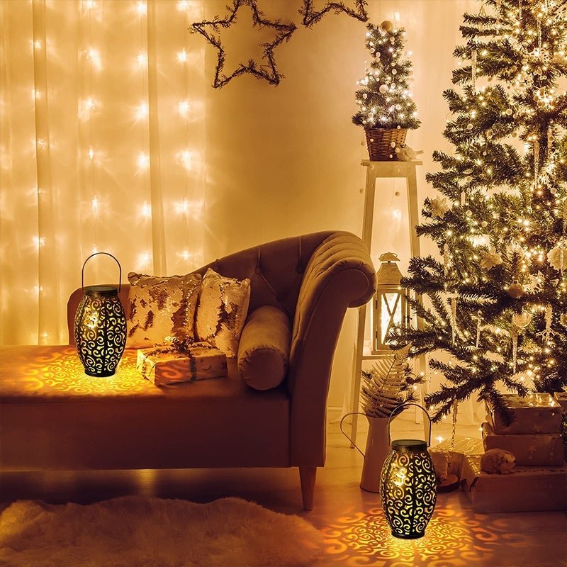 Hollow outdoor solar lights illuminating a balcony with a warm and inviting ambiance.