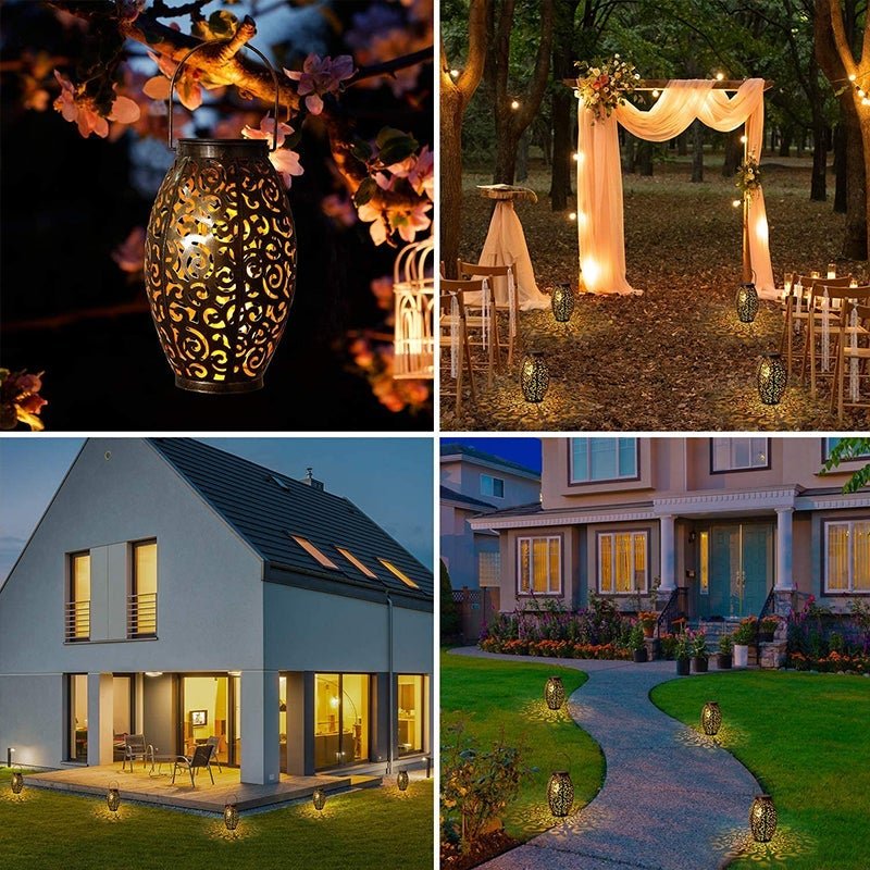 Hollow outdoor solar lights with a close-up of the intricate cut-out design.