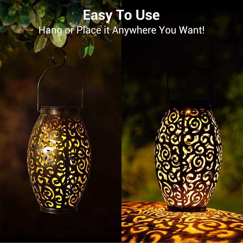 Hollow outdoor solar lights displayed with usage instructions and solar panel details.