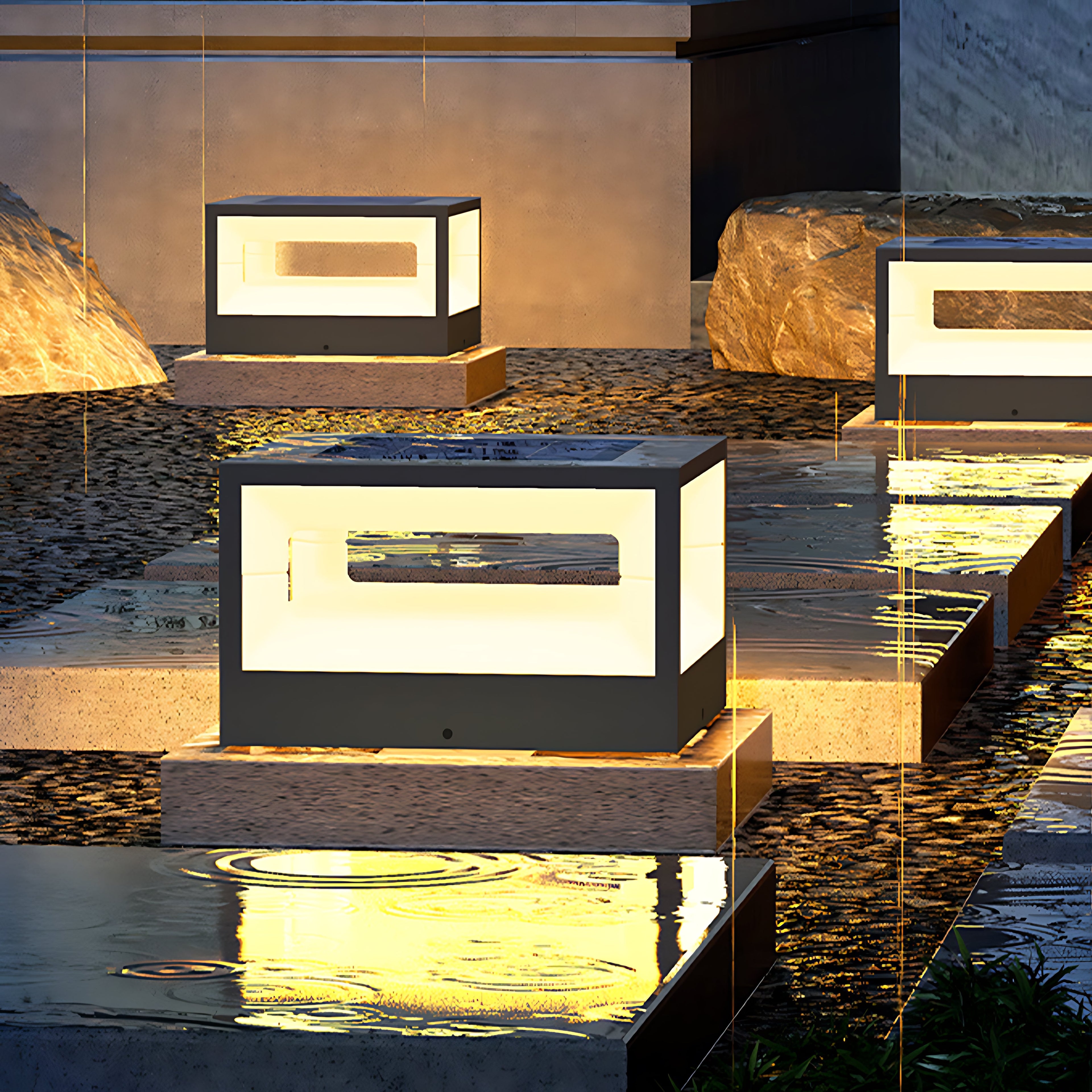 Hollow square pillar light with a close-up view, showcasing its minimalist design and warm light.