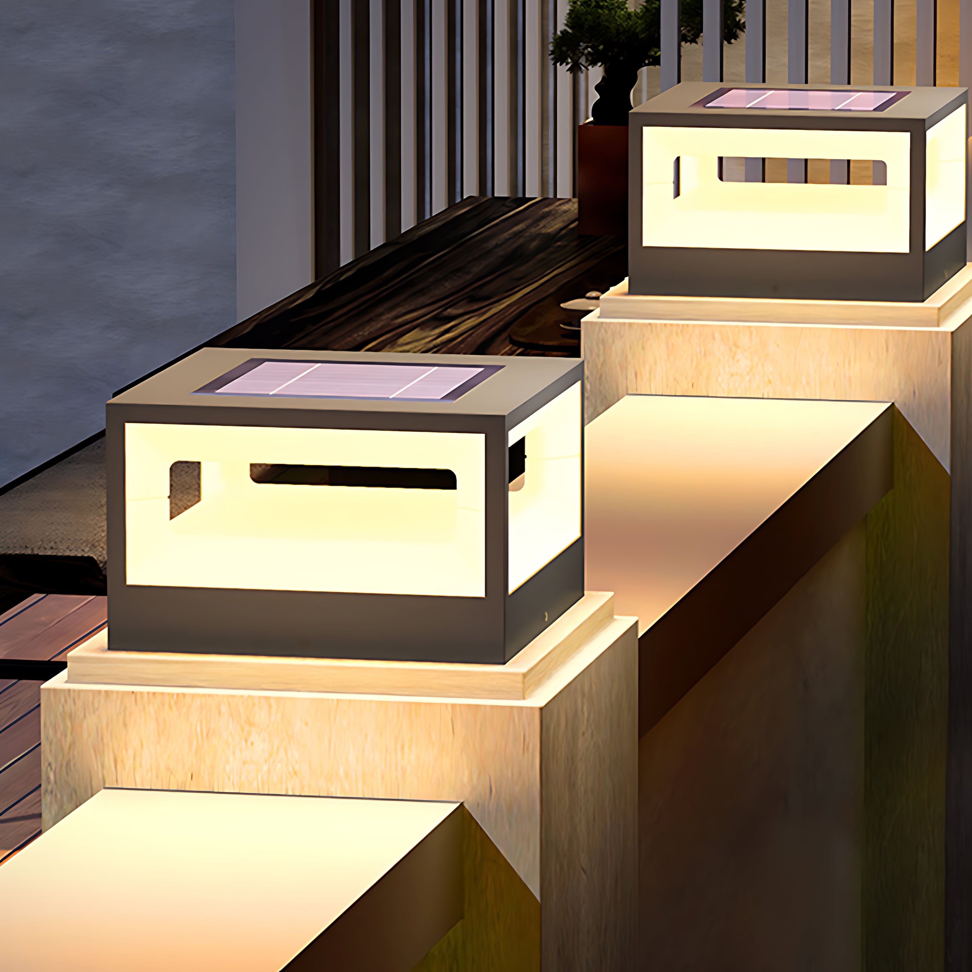 Hollow square pillar light installed on a concrete pillar, providing stylish outdoor illumination.